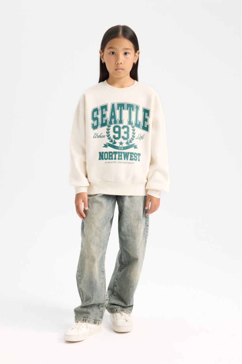 بنات بيج فاتح سويت شيرت قصة مريحة بياخة مستديرة