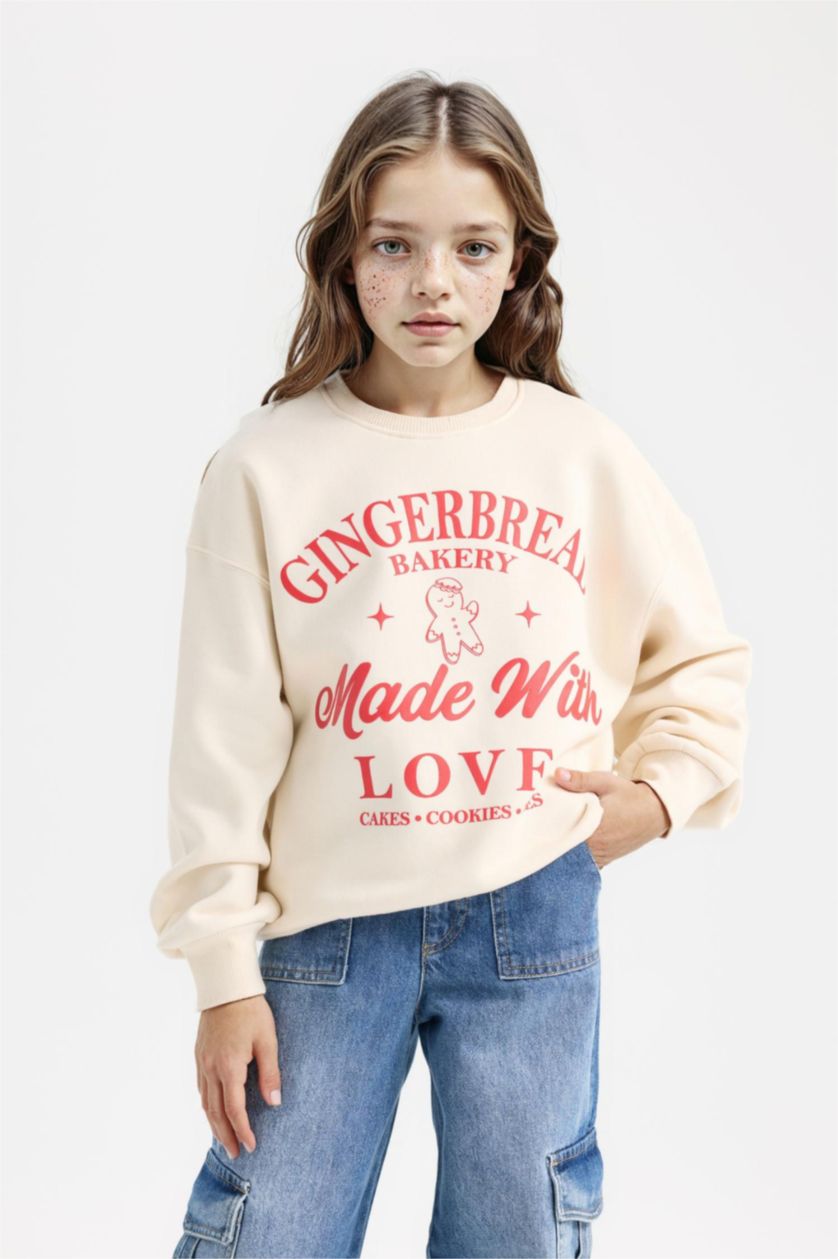 GIRLS & TEENS Ecru Girl Relax Fit Crew Neck Printed Sweatshirt