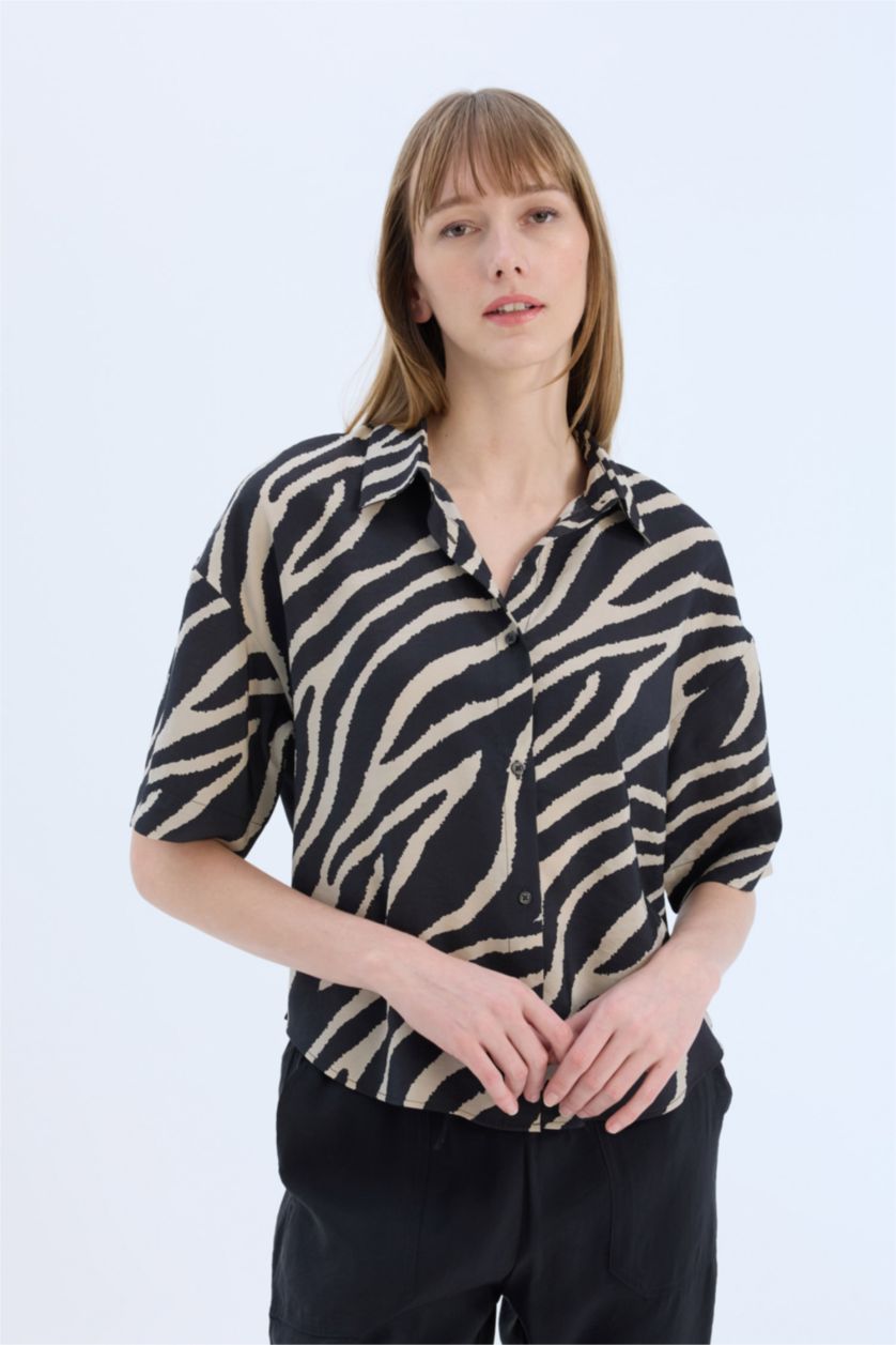 Woman Black Oversize Fit Shirt Collar modal Short Sleeve Shirt