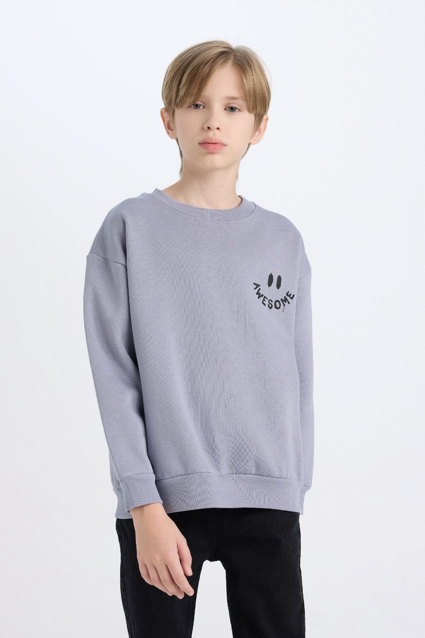Erkek Çocuk - Genç Erkek Lila Oversize Geniş Kalıp Bisiklet Yaka Sırt Baskılı Sweatshirt Erkek Çocuk