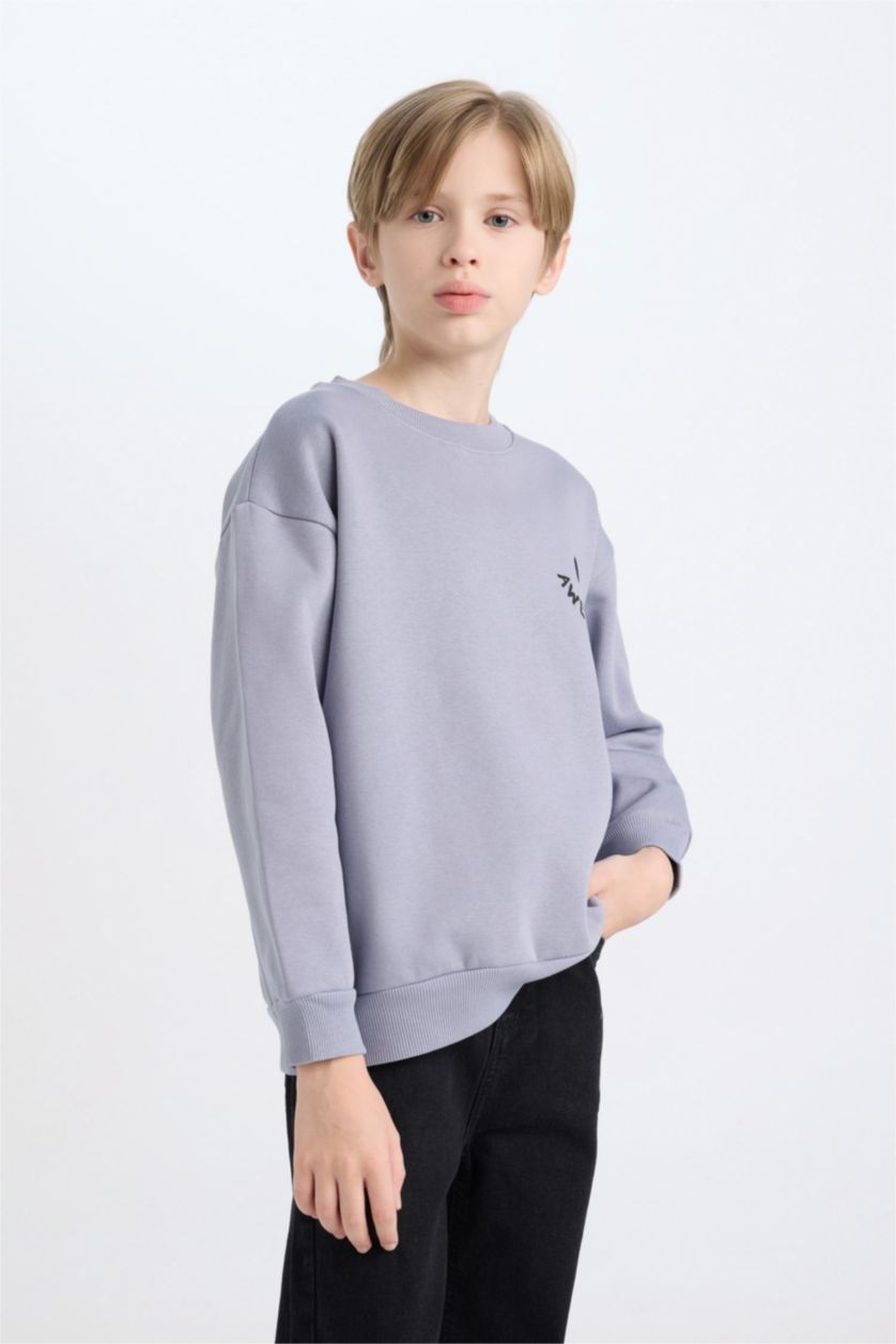 Erkek Çocuk - Genç Erkek Lila Oversize Geniş Kalıp Bisiklet Yaka Sırt Baskılı Sweatshirt Erkek Çocuk