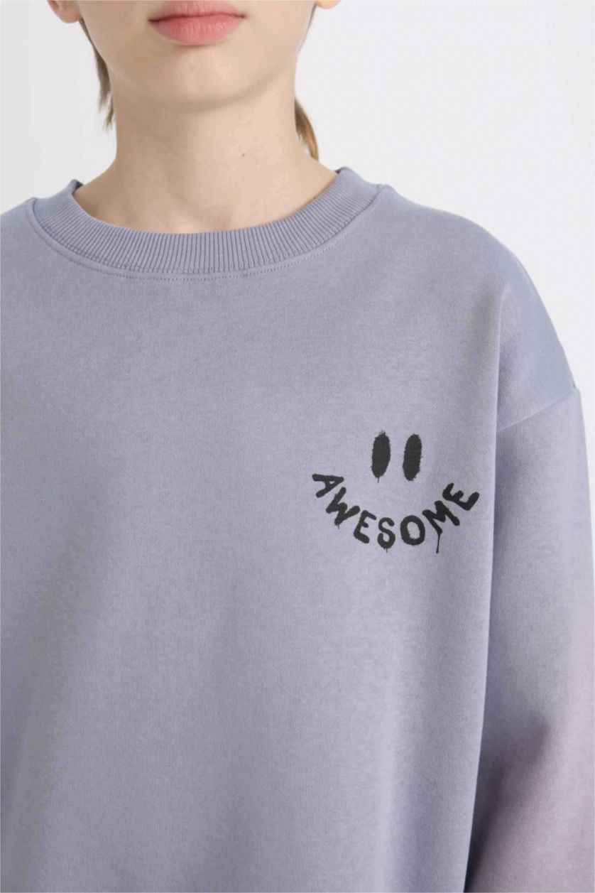 Erkek Çocuk - Genç Erkek Lila Oversize Geniş Kalıp Bisiklet Yaka Sırt Baskılı Sweatshirt Erkek Çocuk