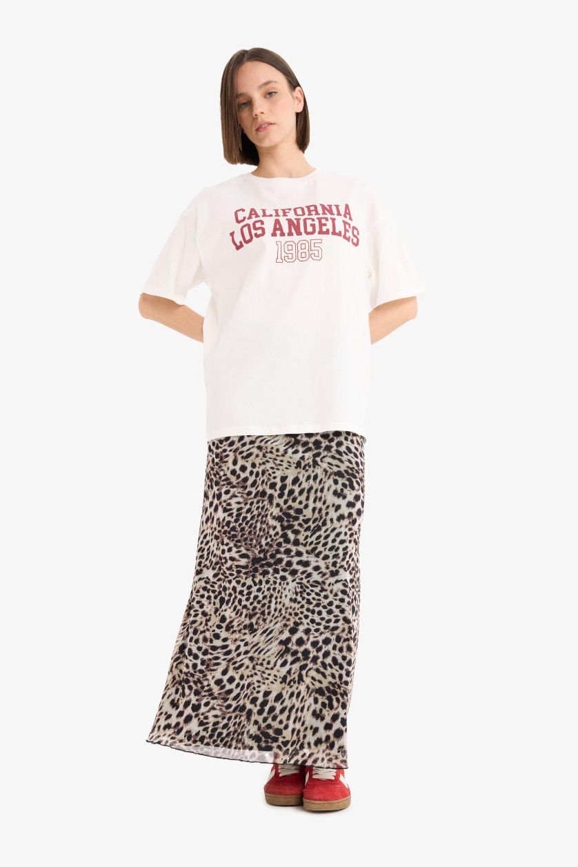 Kadın Bej A Kesim Leopar Desenli Yüksek Bel Penye Astar Tül Maxi Etek