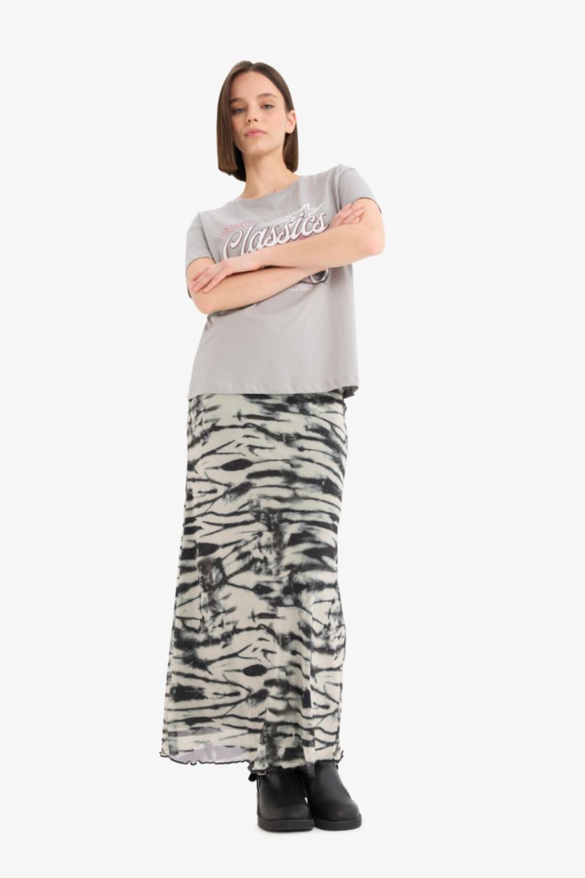 Kadın Siyah A Kesim Desenli Yüksek Bel Penye Astar Tül Maxi Etek