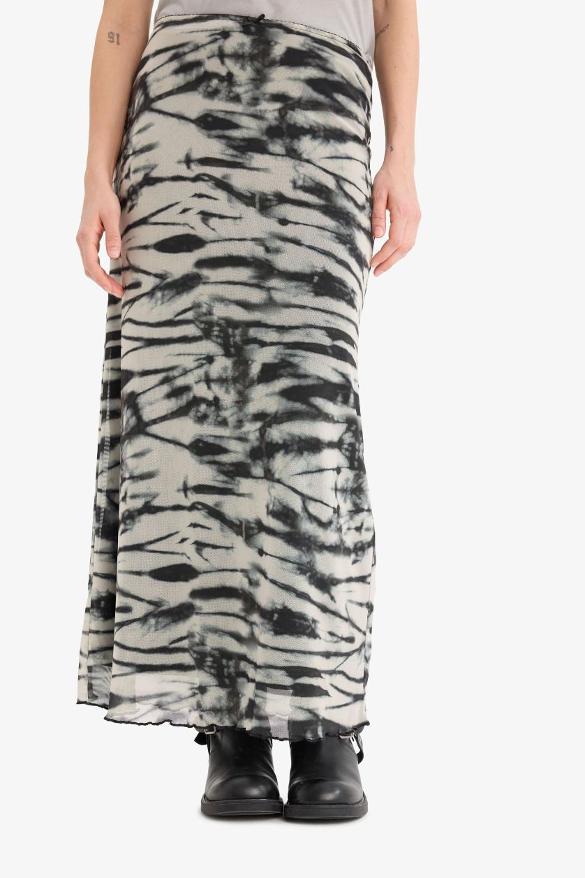 Kadın Siyah A Kesim Desenli Yüksek Bel Penye Astar Tül Maxi Etek