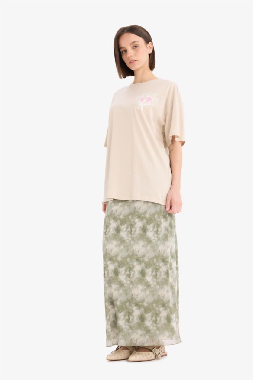 Kadın Mint A Kesim Desenli Yüksek Bel Penye Astar Tül Maxi Etek