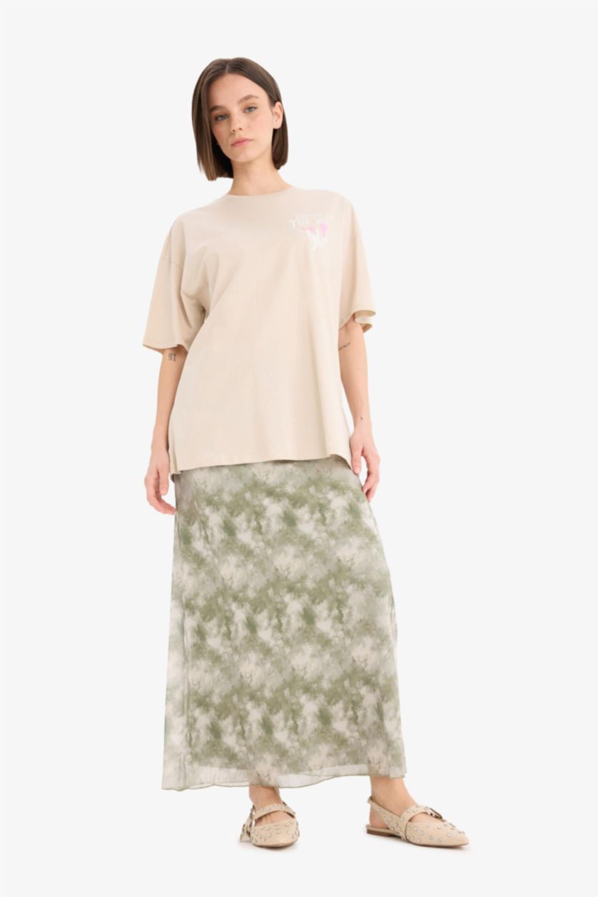 Kadın Mint A Kesim Desenli Yüksek Bel Penye Astar Tül Maxi Etek