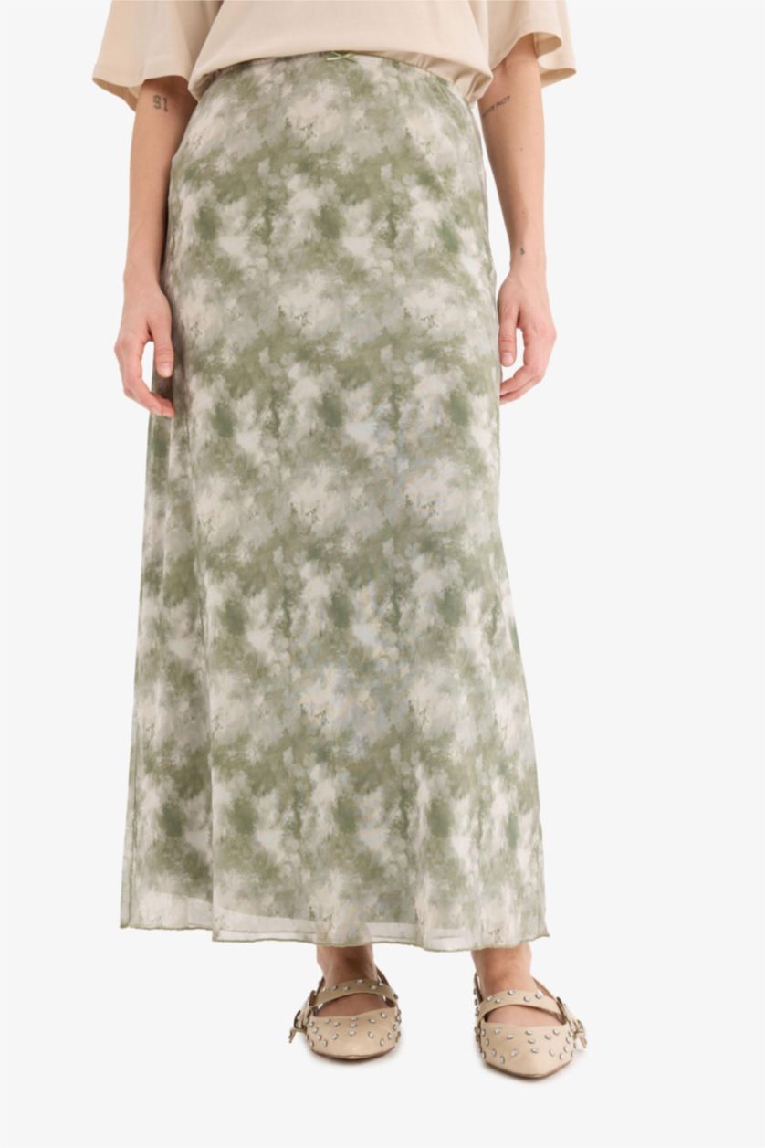 Kadın Mint A Kesim Desenli Yüksek Bel Penye Astar Tül Maxi Etek