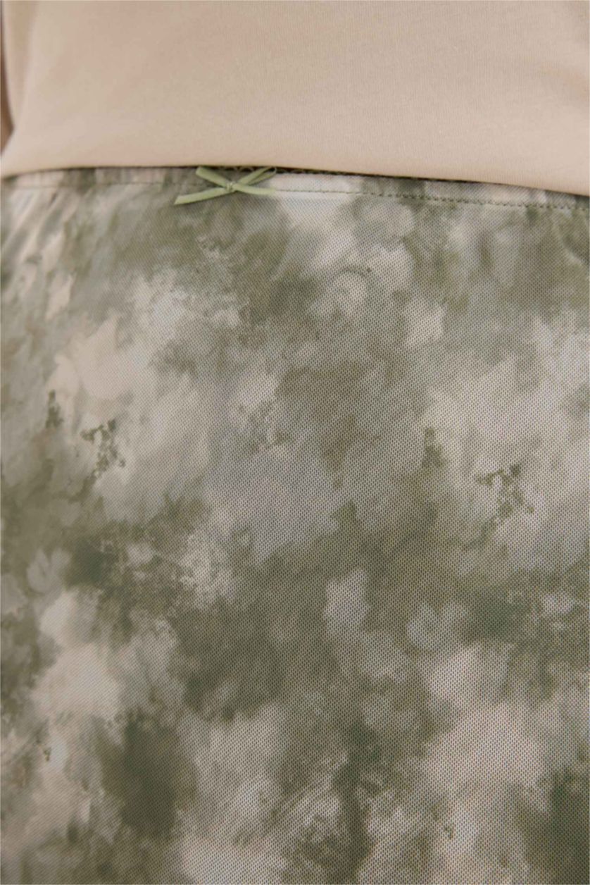 Kadın Mint A Kesim Desenli Yüksek Bel Penye Astar Tül Maxi Etek