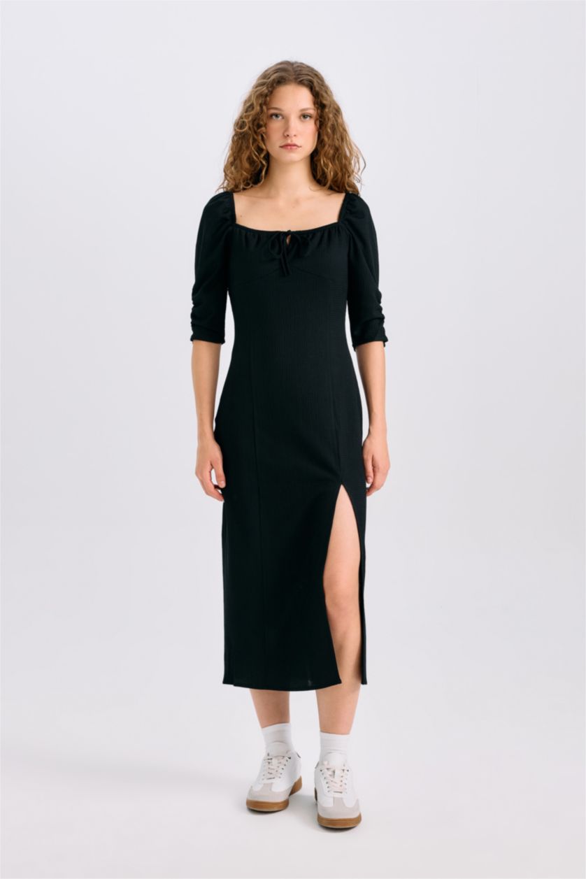 Әйелдерге қара тығыз көйлек шаршы ойық 3/4 Жең Ұзын жеңді трикотаж көйлек