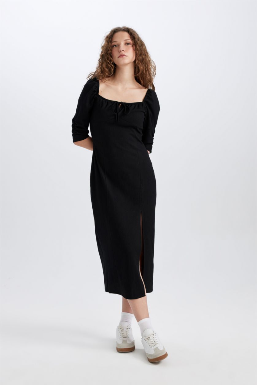 Әйелдерге қара тығыз көйлек шаршы ойық 3/4 Жең Ұзын жеңді трикотаж көйлек