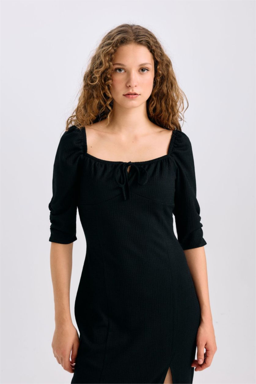 Әйелдерге қара тығыз көйлек шаршы ойық 3/4 Жең Ұзын жеңді трикотаж көйлек