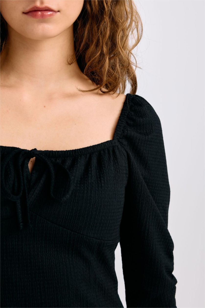 Әйелдерге қара тығыз көйлек шаршы ойық 3/4 Жең Ұзын жеңді трикотаж көйлек