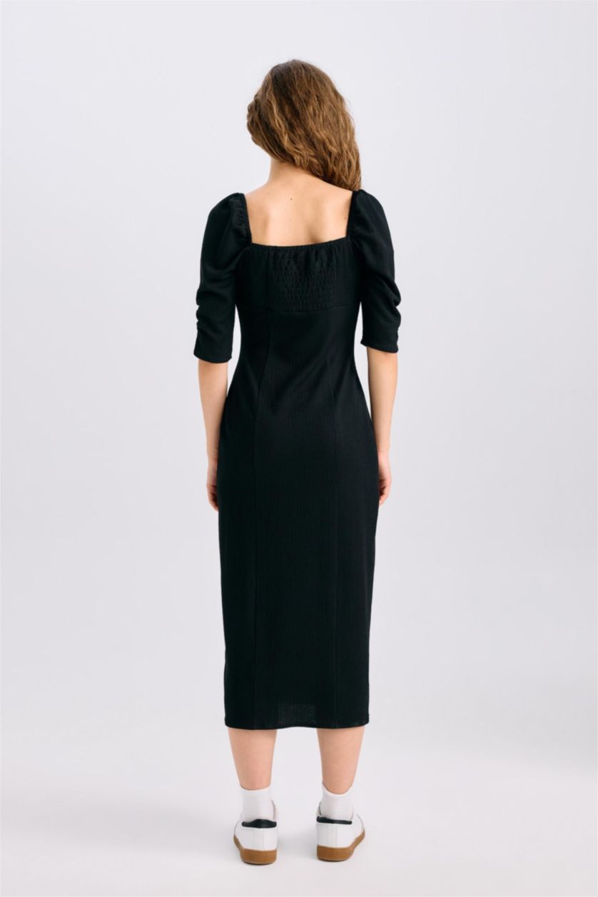 Әйелдерге қара тығыз көйлек шаршы ойық 3/4 Жең Ұзын жеңді трикотаж көйлек