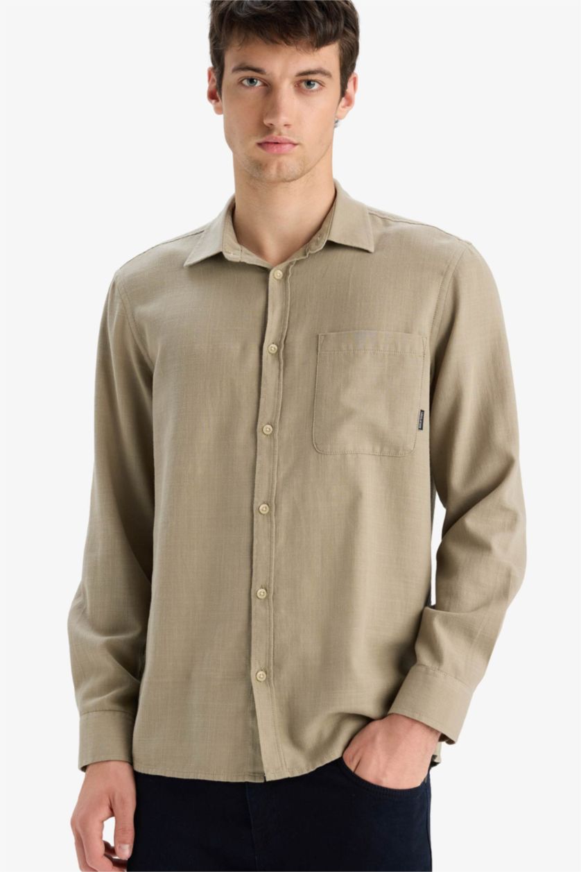 رجالي كاكي قميص قطن قصة عادية بكم طويل