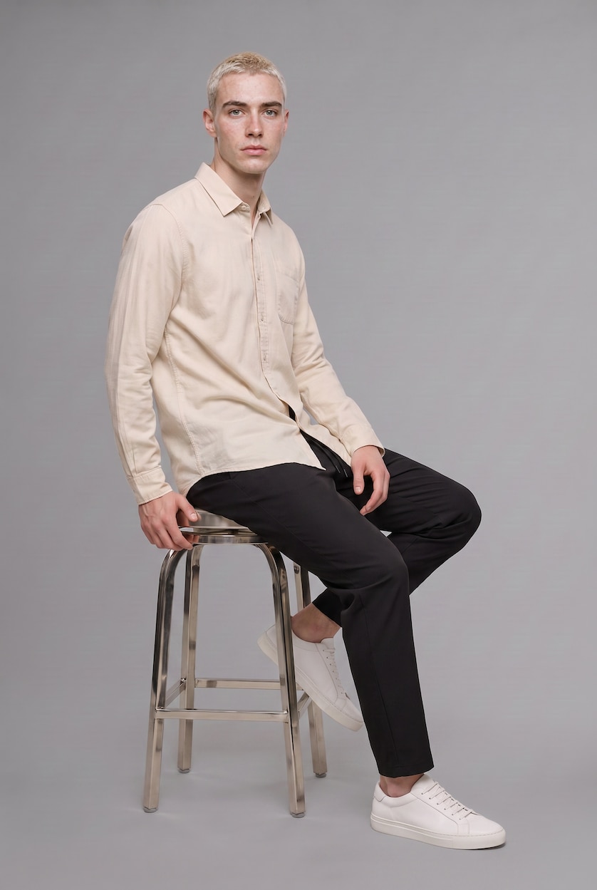 Man Ecru Regular Fit Cotton Long Sleeve Shirt