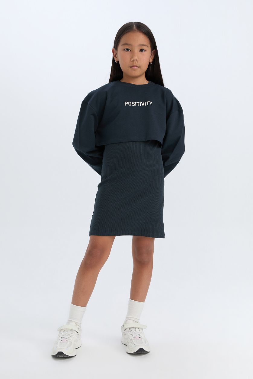 FILLES Anthracite Robe côtelée à col rond avec imprimé pour fille