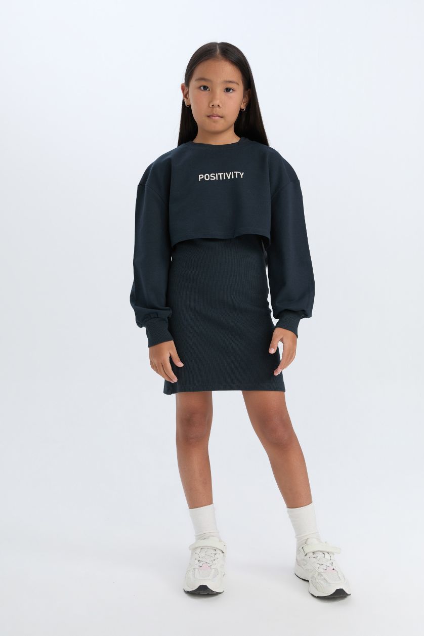 FILLES Anthracite Robe côtelée à col rond avec imprimé pour fille