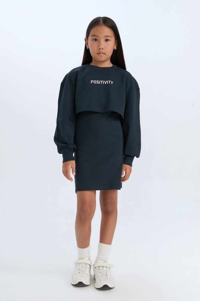 FILLES Anthracite Robe côtelée à col rond avec imprimé pour fille