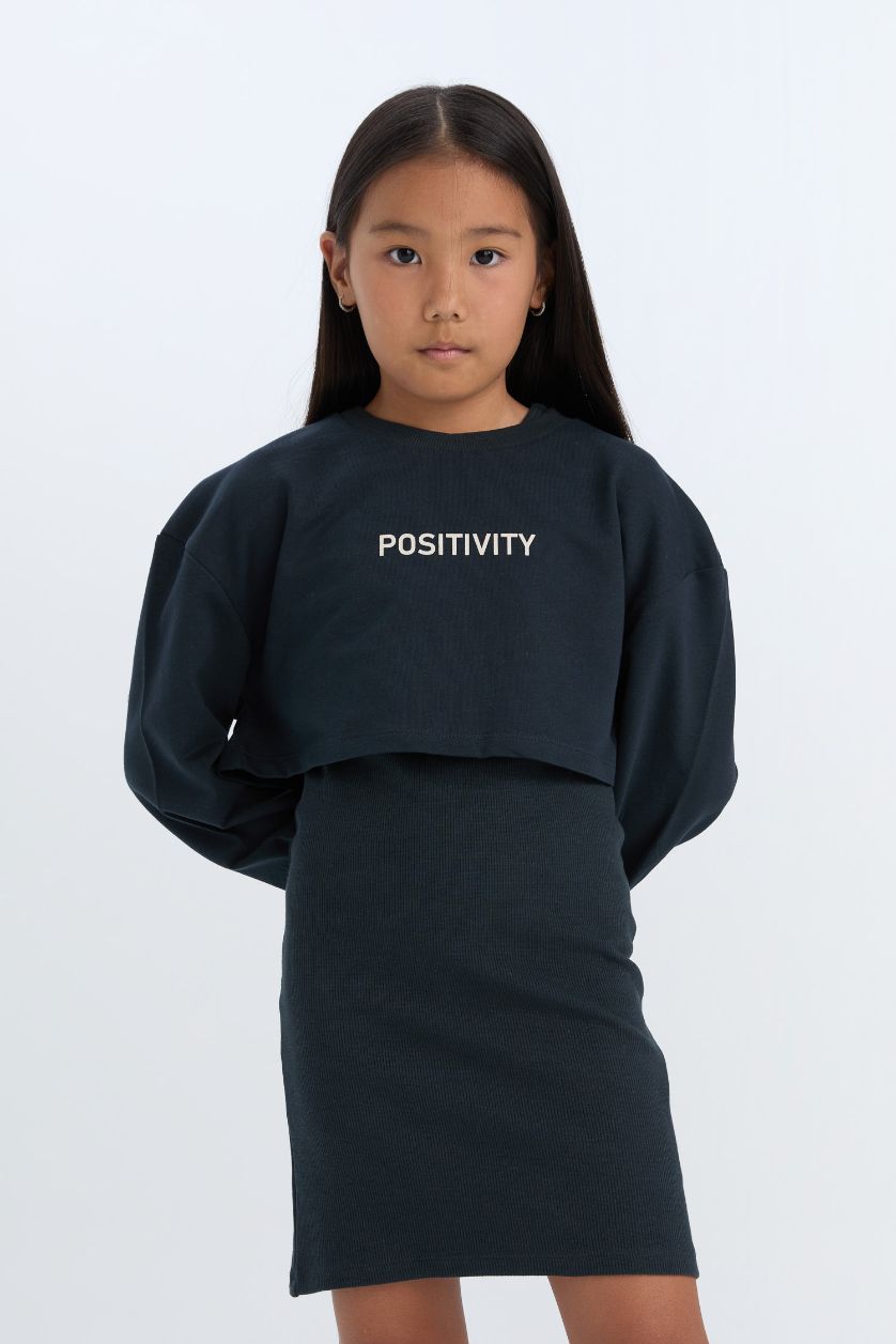 FILLES Anthracite Robe côtelée à col rond avec imprimé pour fille