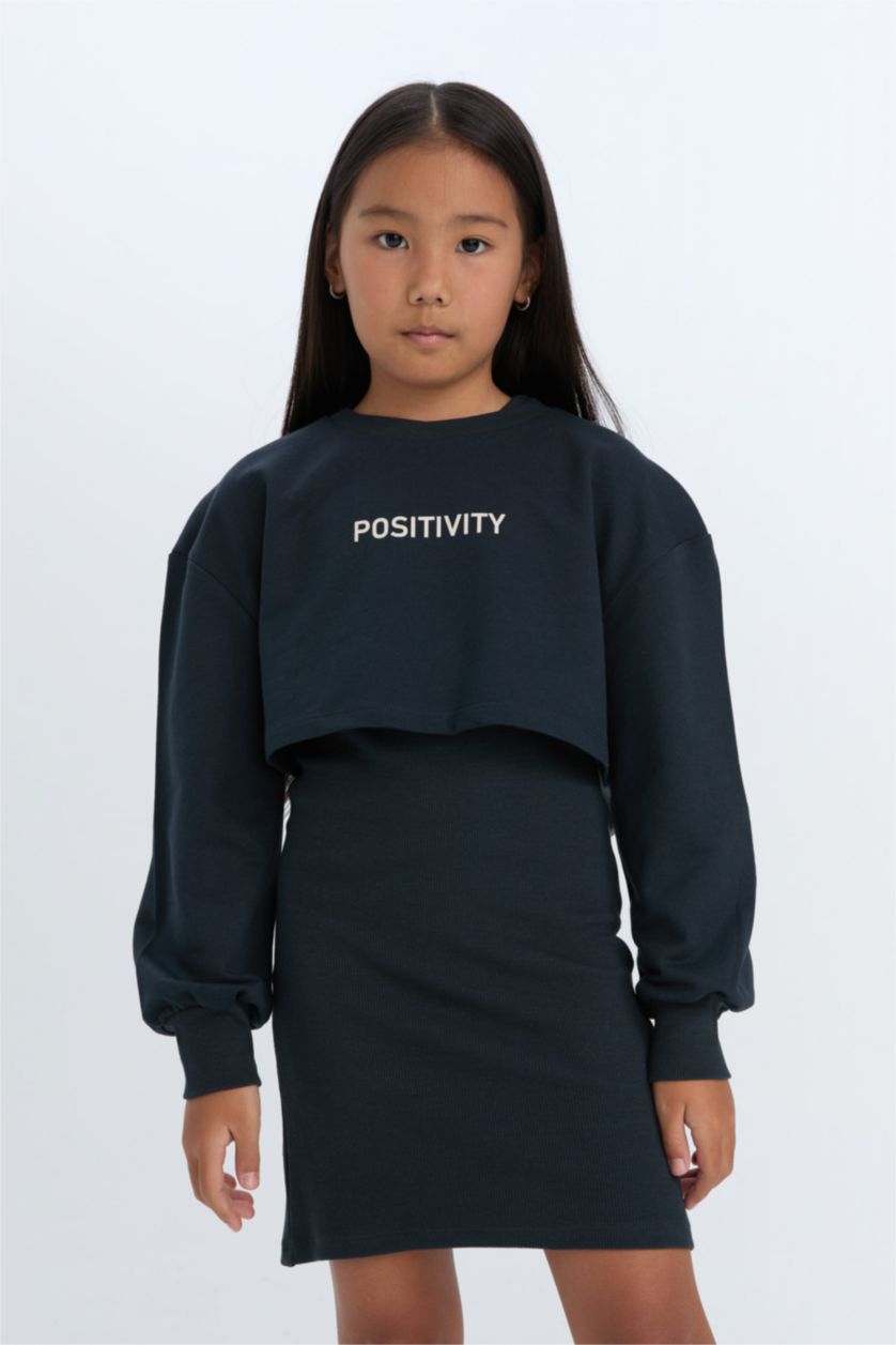 FILLES Anthracite Robe côtelée à col rond avec imprimé pour fille