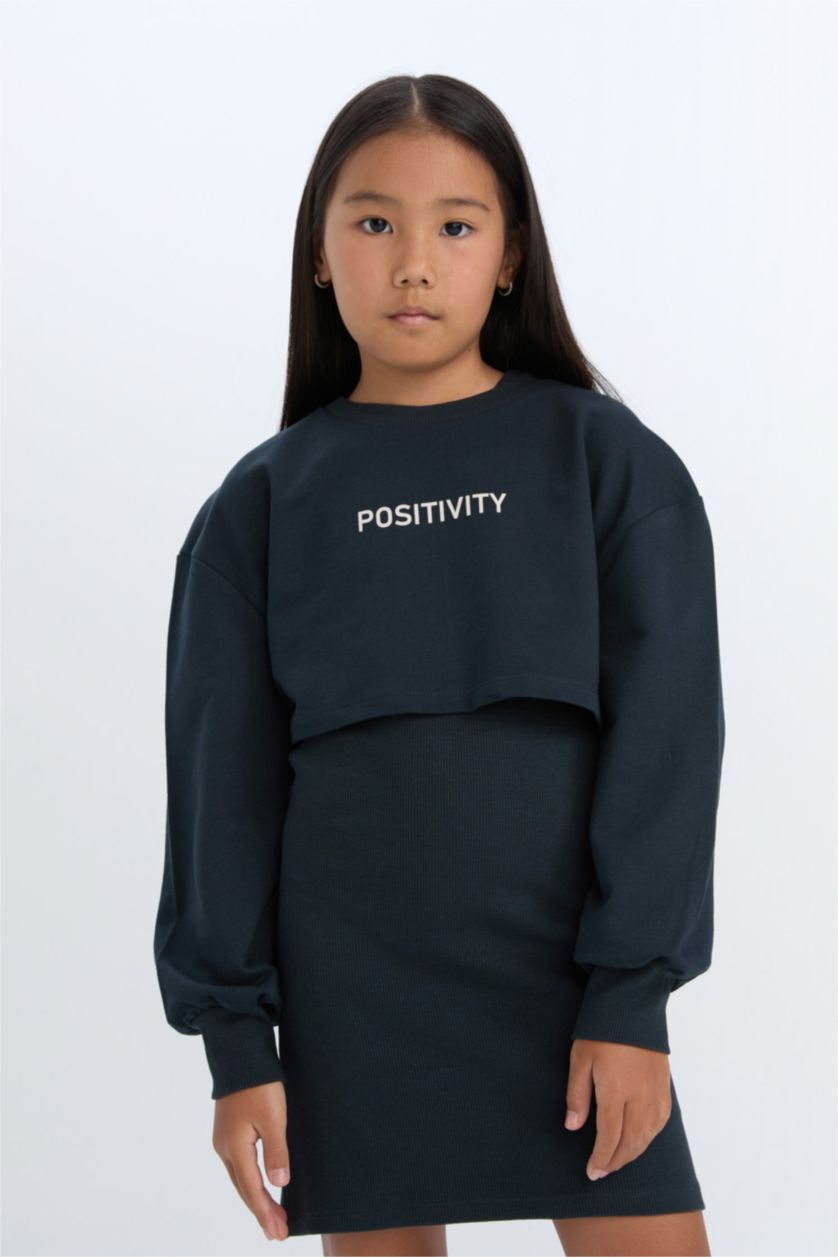 FILLES Anthracite Robe côtelée à col rond avec imprimé pour fille