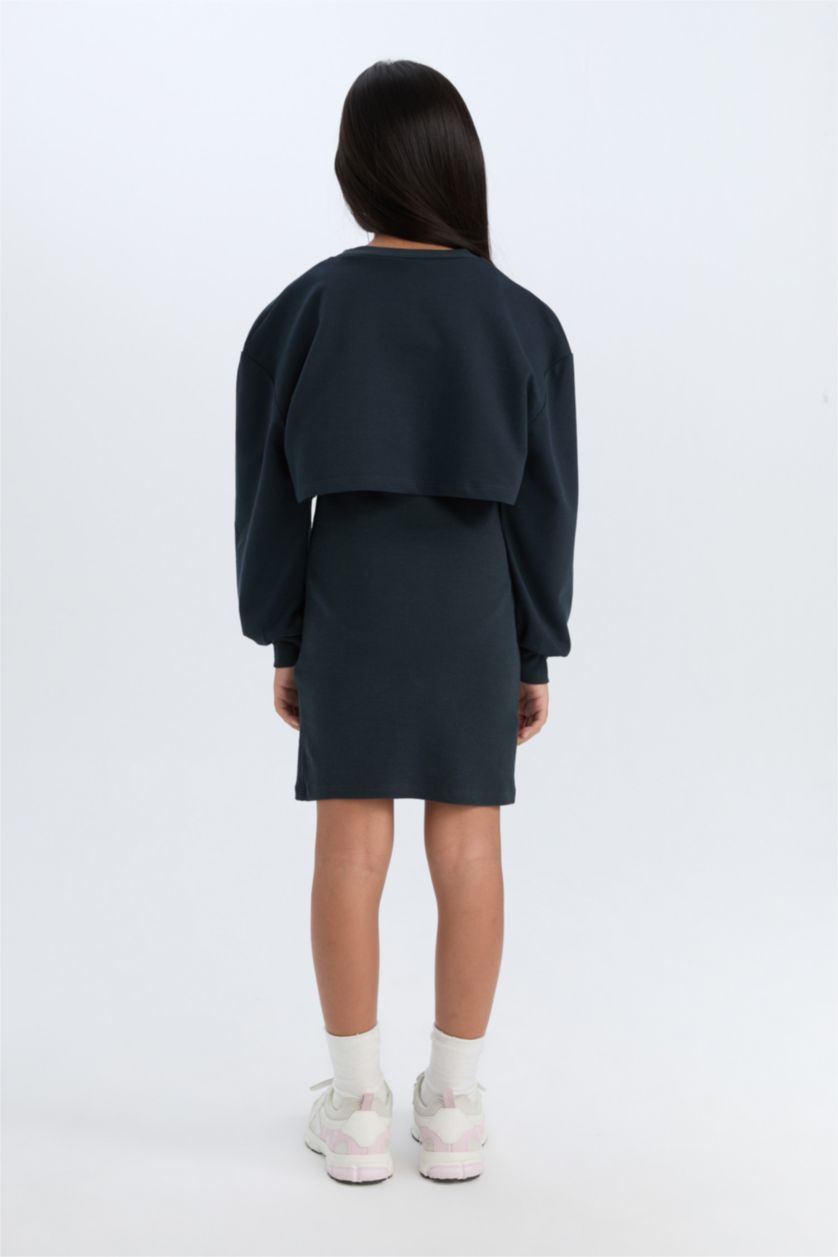 FILLES Anthracite Robe côtelée à col rond avec imprimé pour fille