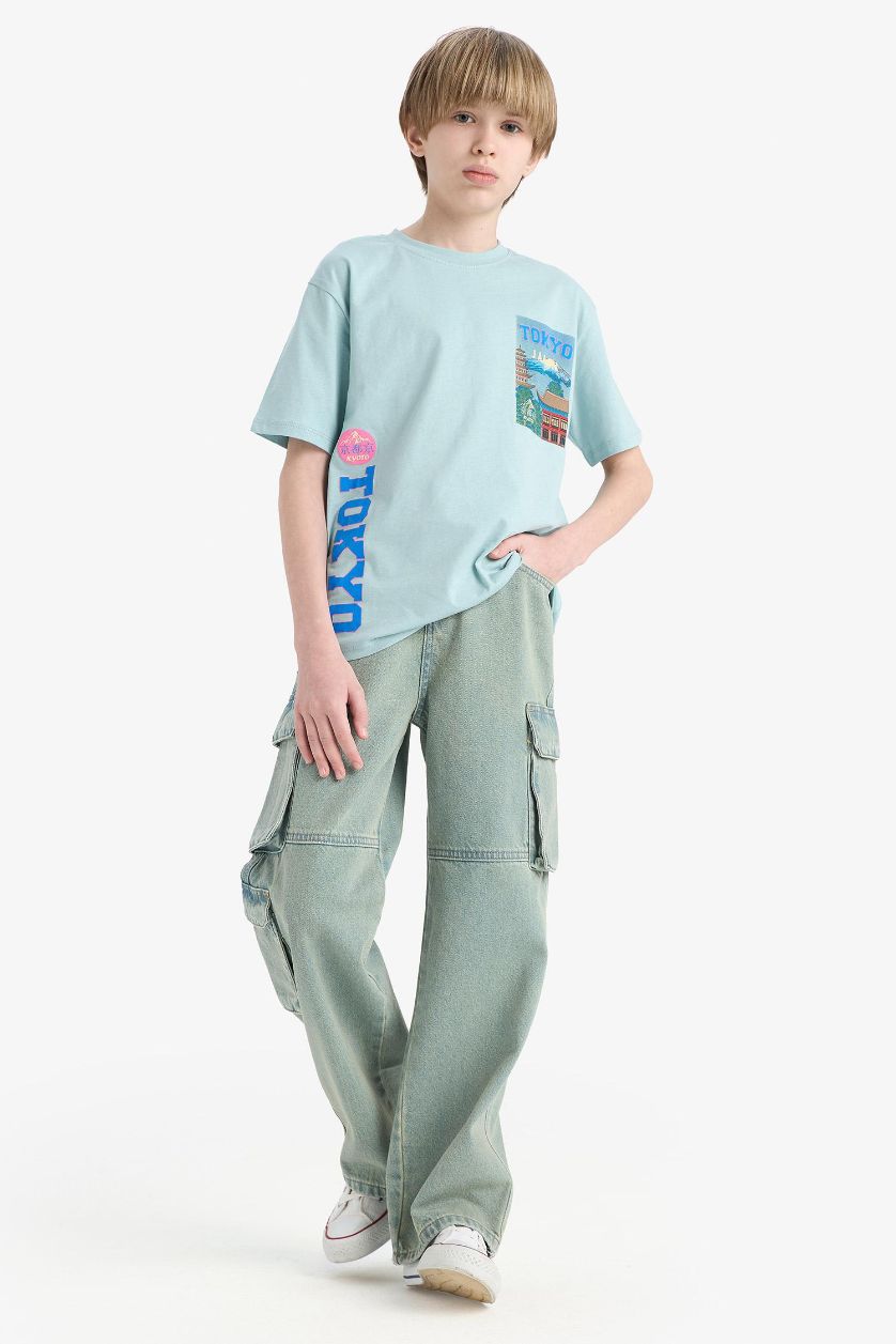 Erkek Çocuk - Genç Erkek Koyu Yeşil Beli Lastikli Kargo Cepli Düz Paça Jean Pantolon Erkek Çocuk