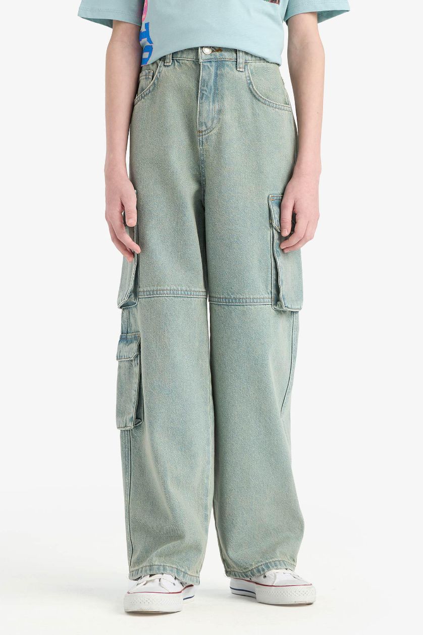 Erkek Çocuk - Genç Erkek Koyu Yeşil Beli Lastikli Kargo Cepli Düz Paça Jean Pantolon Erkek Çocuk