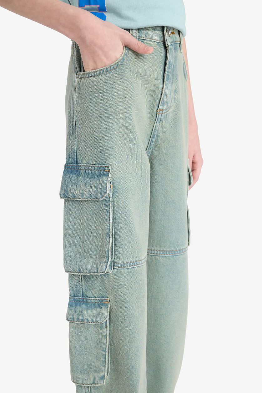 Erkek Çocuk - Genç Erkek Koyu Yeşil Beli Lastikli Kargo Cepli Düz Paça Jean Pantolon Erkek Çocuk