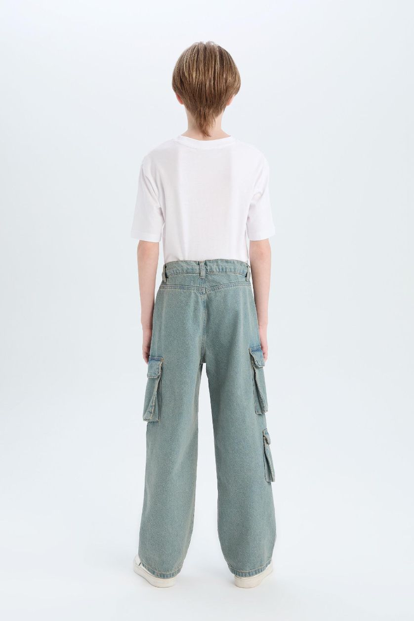 Erkek Çocuk - Genç Erkek Koyu Yeşil Beli Lastikli Kargo Cepli Düz Paça Jean Pantolon Erkek Çocuk