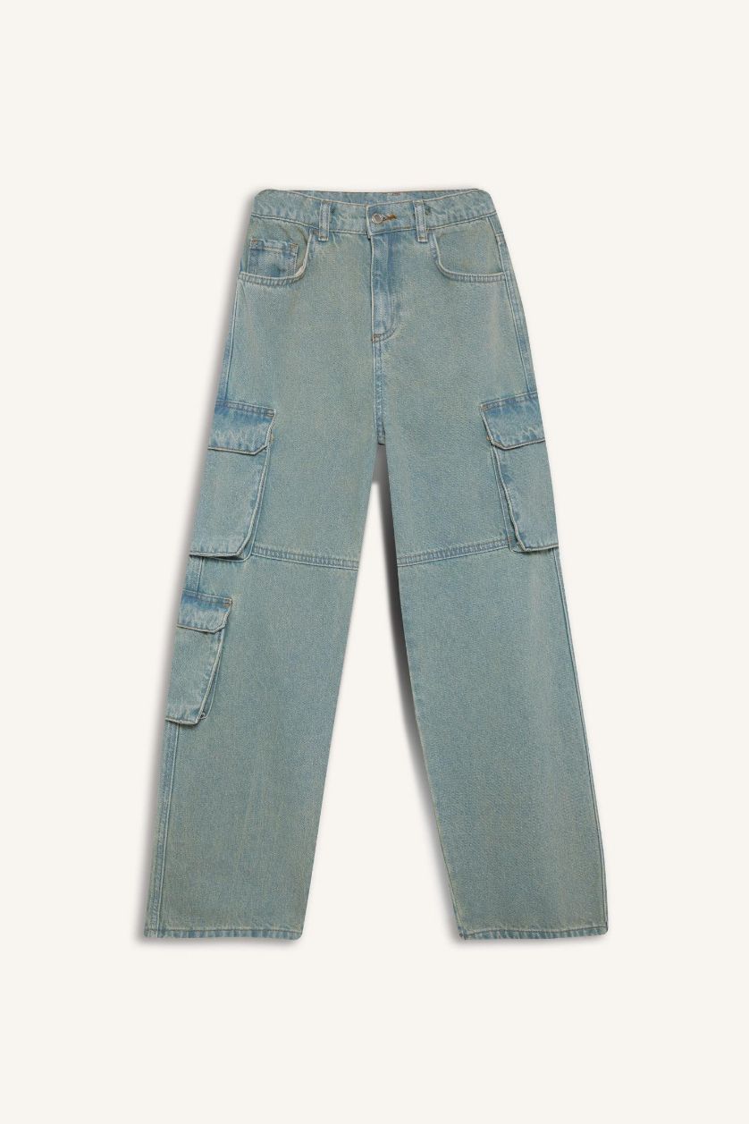 Erkek Çocuk - Genç Erkek Koyu Yeşil Beli Lastikli Kargo Cepli Düz Paça Jean Pantolon Erkek Çocuk