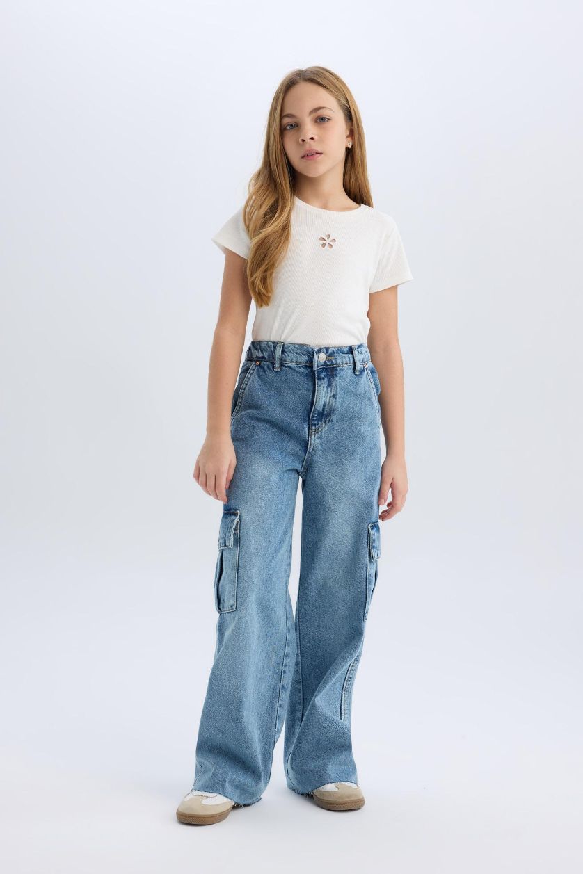 Girls & Teens Light Blue Girl Wide Leg Cotton Cargo Jeans