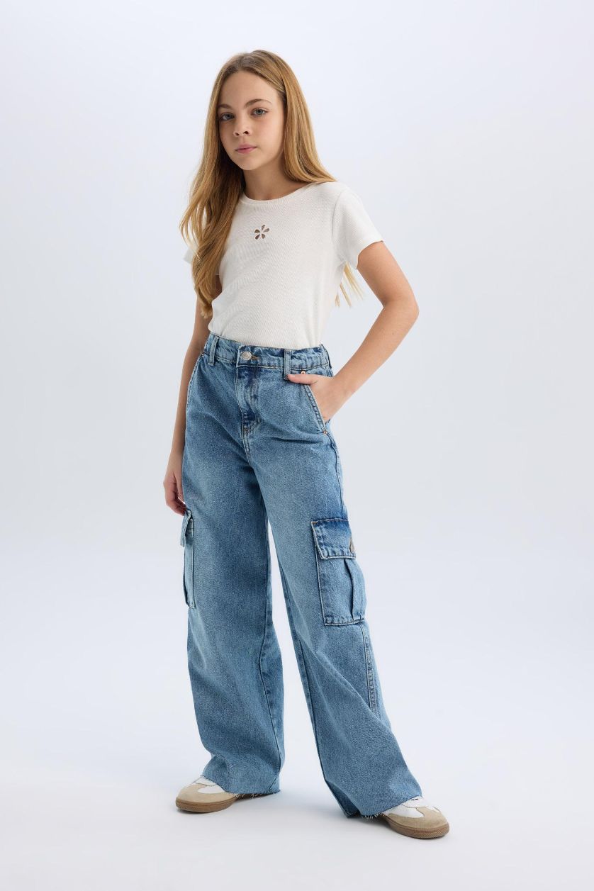 Girls & Teens Light Blue Girl Wide Leg Cotton Cargo Jeans