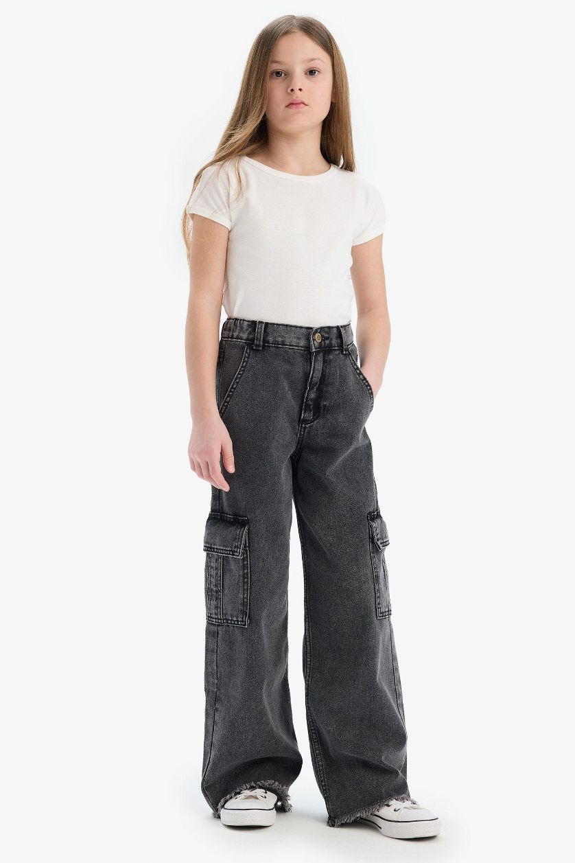 Kız Çocuk - Genç Kız Antrasit Wide Leg Kargo Geniş Bol Paça Pamuklu Jean Pantolon Kız Çocuk