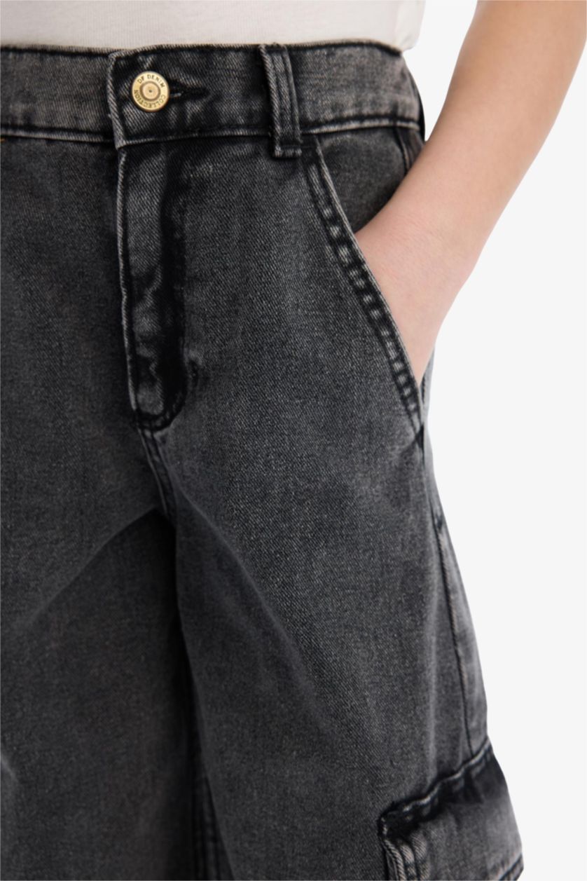 Kız Çocuk - Genç Kız Antrasit Wide Leg Kargo Geniş Bol Paça Pamuklu Jean Pantolon Kız Çocuk