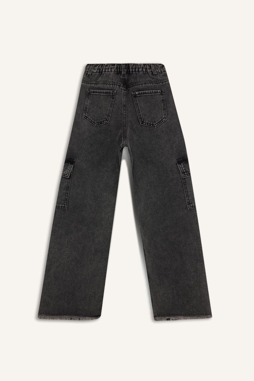 Kız Çocuk - Genç Kız Antrasit Wide Leg Kargo Geniş Bol Paça Pamuklu Jean Pantolon Kız Çocuk