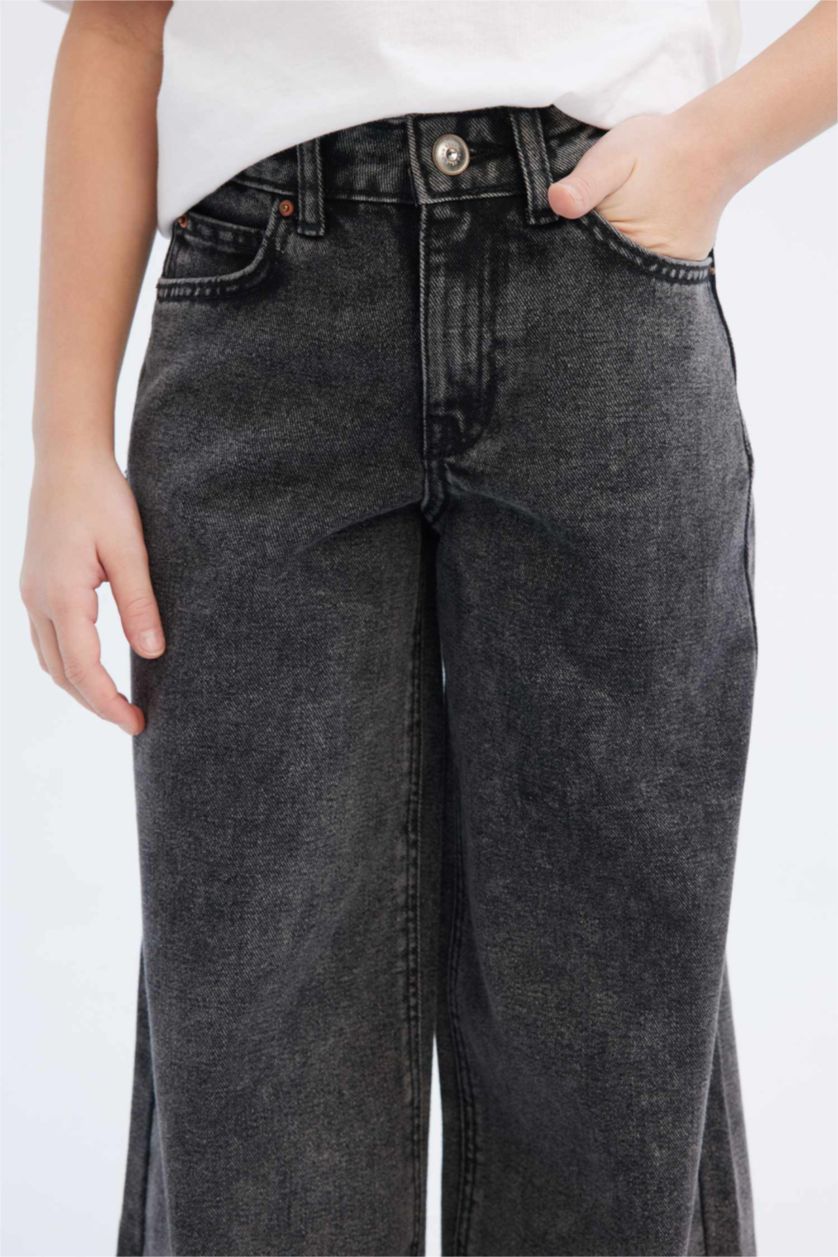 Kız Çocuk - Genç Kız Antrasit Wide Leg Geniş Bol Paça Pamuklu Jean Pantolon Kız Çocuk