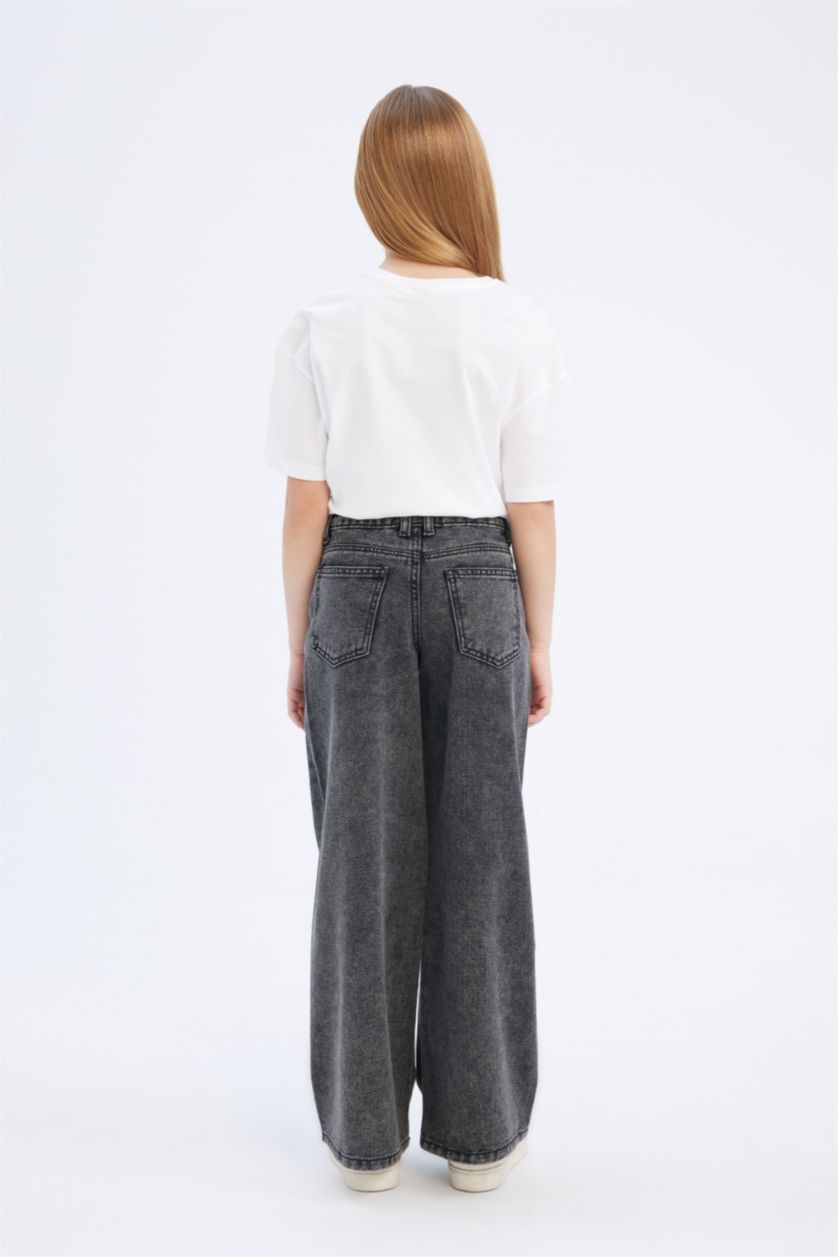 Kız Çocuk - Genç Kız Antrasit Wide Leg Geniş Bol Paça Pamuklu Jean Pantolon Kız Çocuk