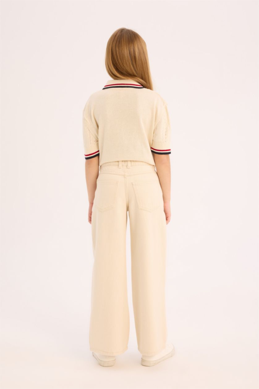 Kız Çocuk - Genç Kız Ekru Wide Leg Geniş Paça Pamuklu Pantolon Kız Çocuk