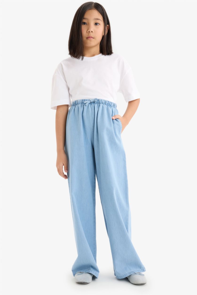 Kız Çocuk - Genç Kız Açık Mavi %100 Pamuk Wide Leg Geniş Paça Jean Pantolon Kız Çocuk