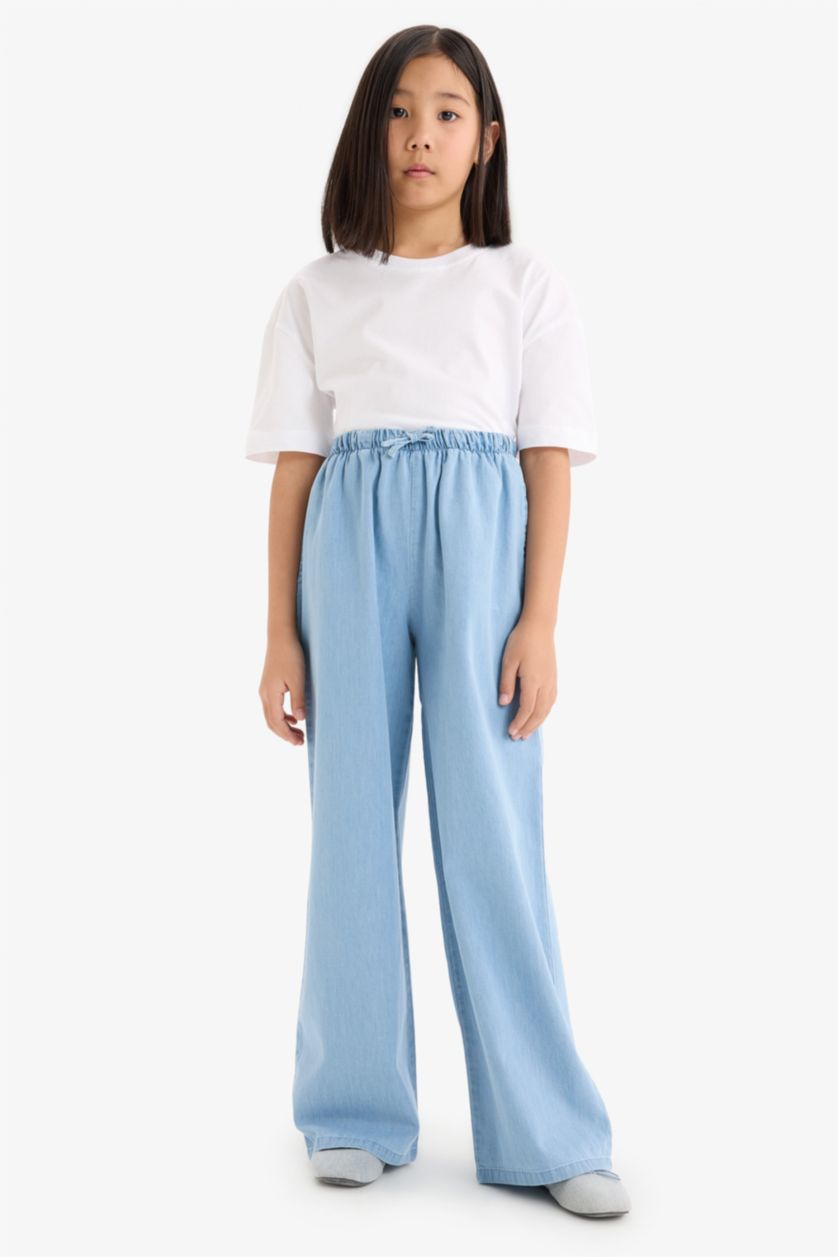 Kız Çocuk - Genç Kız Açık Mavi %100 Pamuk Wide Leg Geniş Paça Jean Pantolon Kız Çocuk
