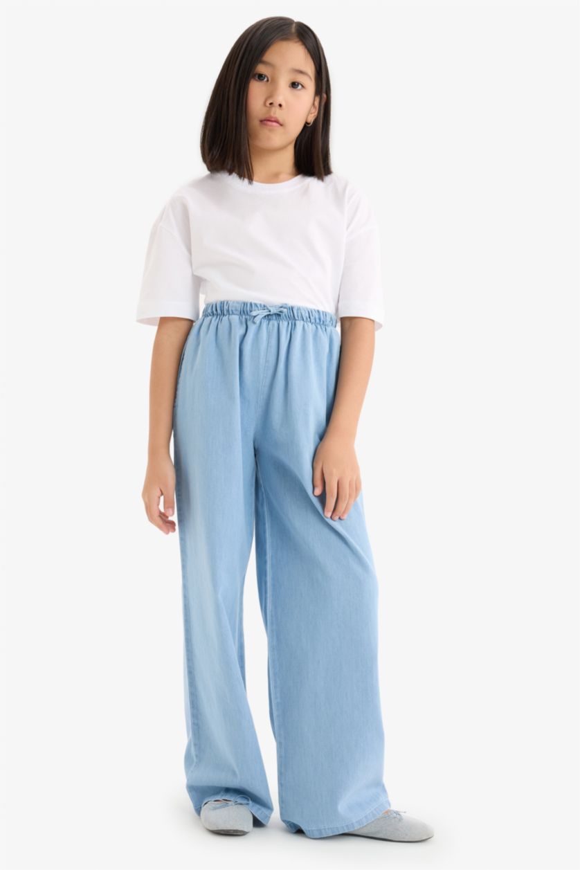 Kız Çocuk - Genç Kız Açık Mavi %100 Pamuk Wide Leg Geniş Paça Jean Pantolon Kız Çocuk