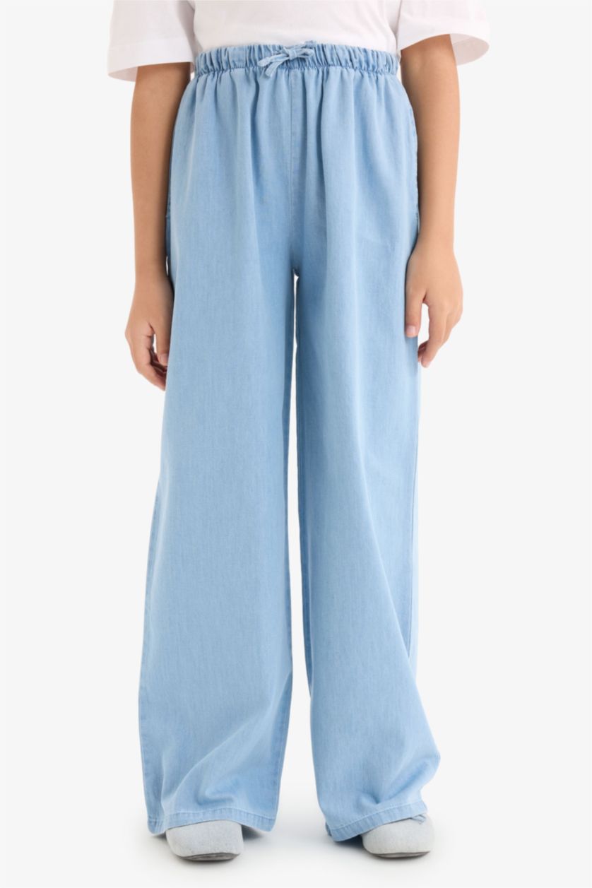 Kız Çocuk - Genç Kız Açık Mavi %100 Pamuk Wide Leg Geniş Paça Jean Pantolon Kız Çocuk