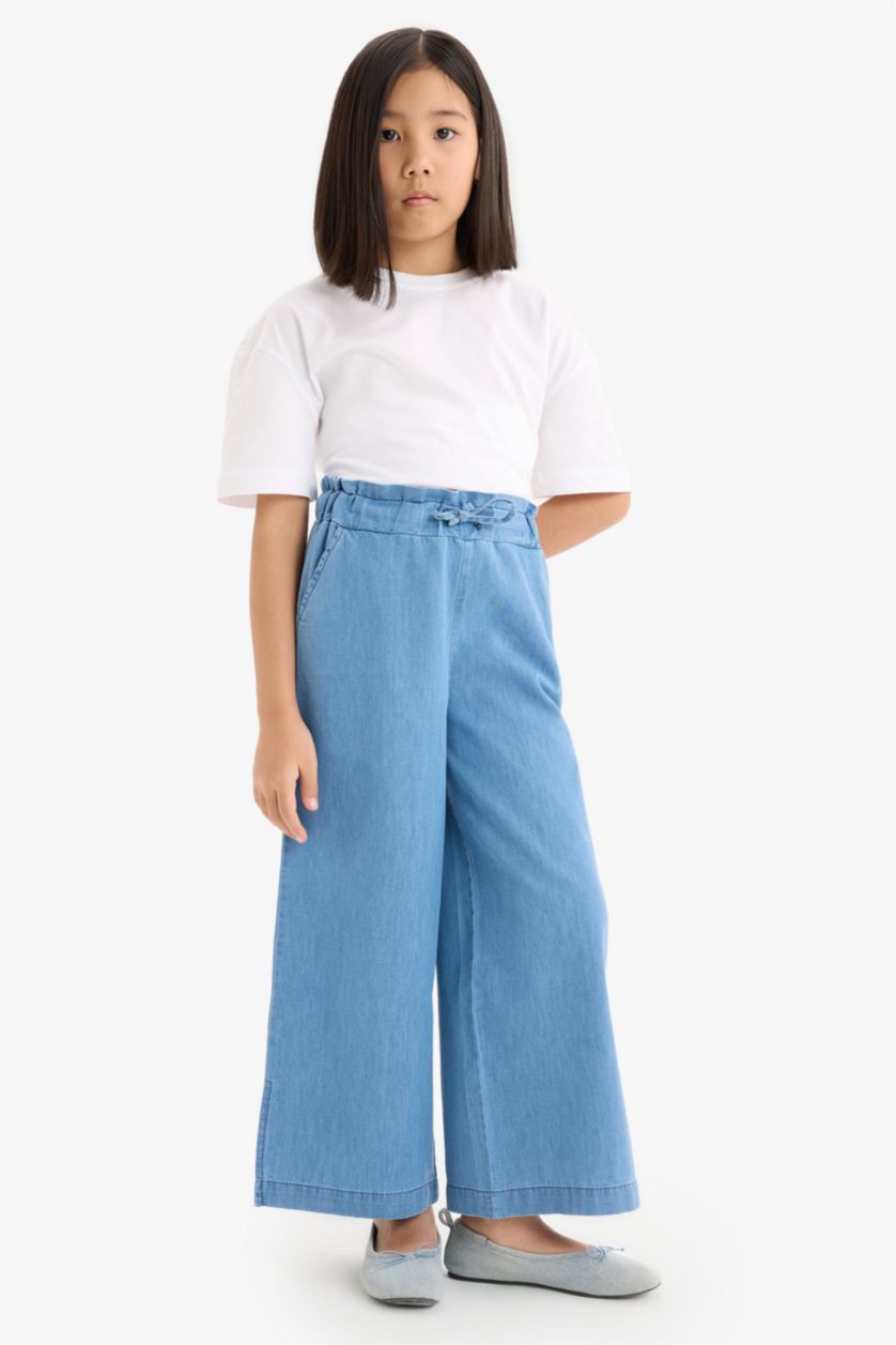 Kız Çocuk - Genç Kız Mavi %100 Pamuk Culotte Geniş Paça Jean Pantolon Kız Çocuk