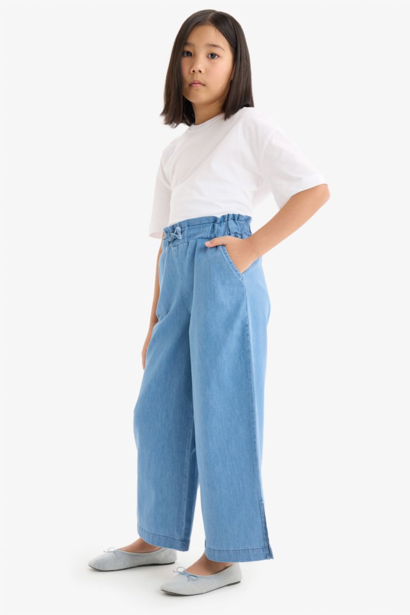 Kız Çocuk - Genç Kız Mavi %100 Pamuk Culotte Geniş Paça Jean Pantolon Kız Çocuk
