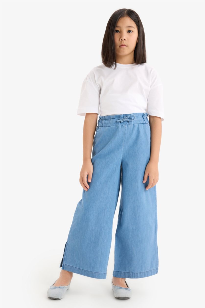 Kız Çocuk - Genç Kız Mavi %100 Pamuk Culotte Geniş Paça Jean Pantolon Kız Çocuk