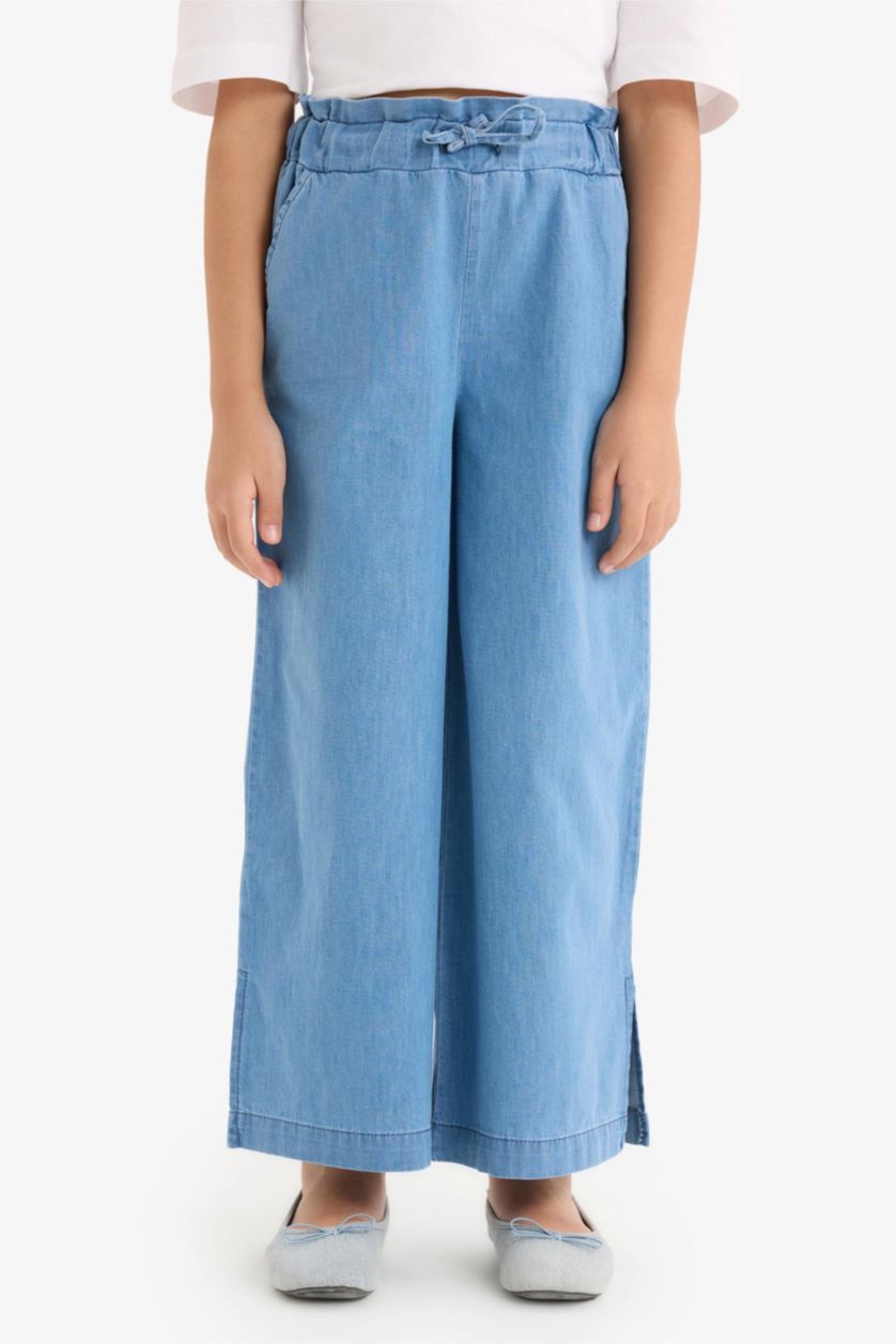 Kız Çocuk - Genç Kız Mavi %100 Pamuk Culotte Geniş Paça Jean Pantolon Kız Çocuk