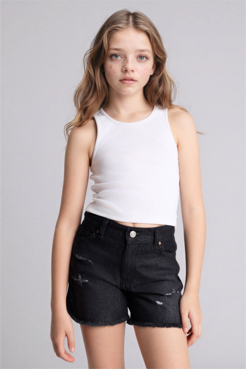 بنات أنثرا شورت بناتي قصير قطن بتفاصيل ممزقة