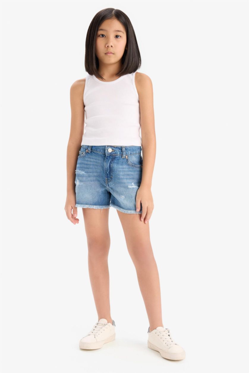 Girls & Teens Blue Girl Ripped Detailed Cotton Denim Shorts
